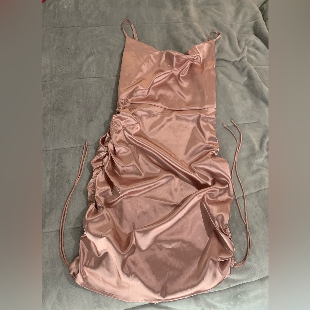 SHEIN rose colored ruched satin dress.